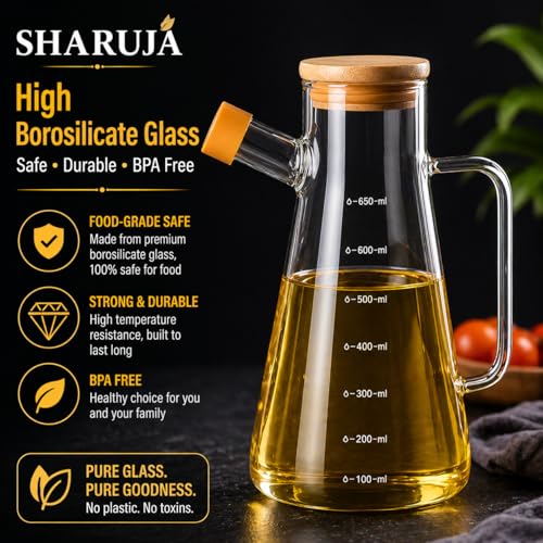 Image of Glass Oil Dispenser Bottle, Anti-Drip Spout, Leakproof Borosilicate Glass Oil Container with Measurement Markings for Kitchen, Olive Oil, Vinegar & Cooking (920, Milliliters)