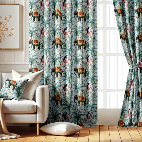 Vargottam Room Darkening Curtains - Elephant Parade Pattern, Set of 2 Panels, 52" x 96" - Grommet-Top Blackout Window/Door Drapes for Bedroom, Nursery & Living Room - Green