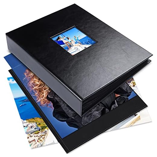 NESCL Photo Album 8x10 100 Pockets, PU Leather Cover Album with Front Window, Small Photo Album for 8x10, Acid Free Slip Slide in Photo Albums Book Holds 100 Vertical 8x10 Pictures Artwork (Black)