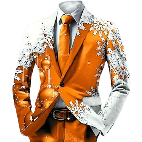 RUMAOZIA Veste de Noël pour homme - Blazer de Noël imprimé 3D - Veste de costume de fête - Costume de Noël - Mode - Coupe ajustée - Tenue festive, Orange, 3XL