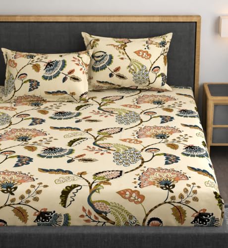 Image of Vram Premium Heavy Cotton Elastic Fitted Bedsheets with 2 King Size Pillow Covers | Diwan Bed with All Around Elastic 350 TC | 48 x 78 x 8 Inch Diwan Size Fitted | :- Jaipuri Peacock