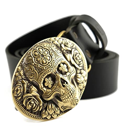Leather belt with Skull El Día de Muertos belt buckle, The Day of the Dead, Santa Muerte skull solid brass belt buckle on casual leather belt 1.5 or 1.8 inches3