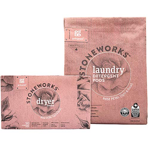 Grab Green Stoneworks Laundry Detergent Pods and Dryer Sheet Bundle, 50 Count Pods and 50 Dryer Sheets, Rose Petal Scent, Plant and Mineral Based Laundry Care Set