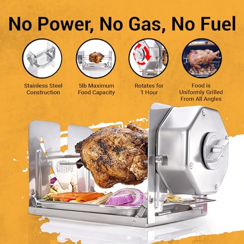 Cordless Universal Rotisserie Kit for Grills Ovens and Smokers - Non-Electric Wind-up Spit Roaster, Gas or Charcoal BBQ - Indoor/Outdoor (Stainless Steel)