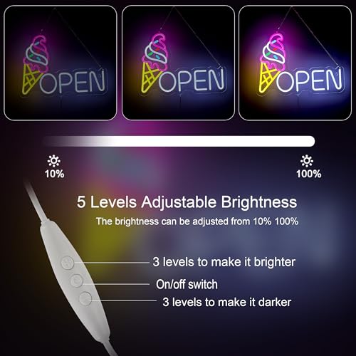Image of Ice Cream Open Neon Sign for Wall Decor Dimmable Business Store Drink Shop LED Neon Light USB Powered Neon Art Signs Decor