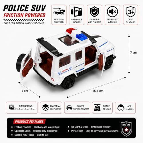 Image of 1:32 Scale G-Wagon Police Toy Car - Friction Powered ABS SUV with Openable Doors - Mini Collectible Police Vehicle for Kids, Boys & Enthusiasts (White)