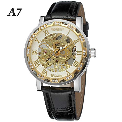 Preisvergleich Produktbild Jinqian Herren Uhren Automatikuhr Mechanische Skelett Glasboden Römische Zahlen Diamant Zifferblatt Wasserdicht Schwarz Männer Armbanduhr mit Leder-Armband (Mechanische Uhren: A7)