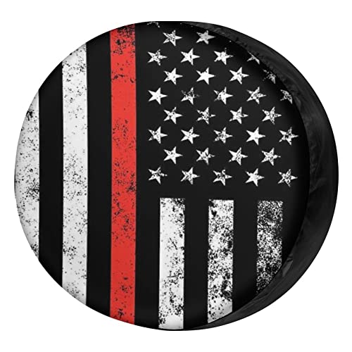 Image of USA Patriotic Firefighter Thin Red Line Flag Spare Tire Cover Wheel Tire Cover Fit Trailer, RV, SUV and Many Vehicle 12inch
