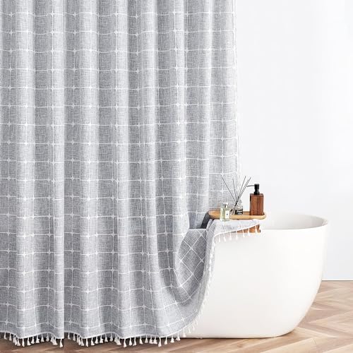 Colorigan Boho Farmhouse Shower Curtain - 72x84 Inches Linen Rustic Fabric Shower Curtain Set with Tassel, Water Repellent Cloth, Modern Bohemian Chic Country Bathroom Shower Curtains Set by Colorigan - Used condition - US$19.38