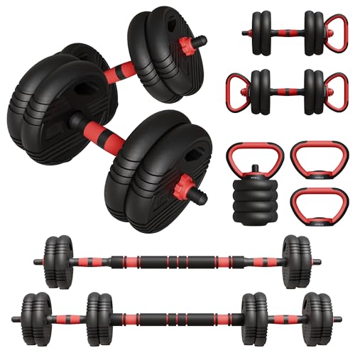 ARIBEC - Juego de Pesas y Mancuernas Ajustables de 10kg 15kg 20kg 25kg 6 en 1 con Barra Pesas Kettlebell Soporte para Flexiones y Cierre de Seguridad ideal Gimnasio en Casa (15KG NEGRO)