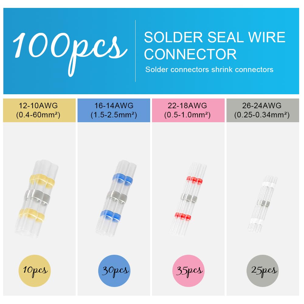 QOOSIKICC 100 Stück10-26 AWG Schrumpfverbinder, Wasserdichte Kabelverbinder Quetschverbinder Set, Stoßverbinder Kabelschuhe, Lötverbinder Sortiment Set - Gelb, Rosa, Blau QOOSIKICC 100 Stück10-26 AWG Schrumpfverbinder, Wasserdichte Kabelverbinder Quetschverbinder Set, Stoßverbinder Kabelschuhe, Lötverbinder Sortiment Set - Gelb, Rosa, Blau
