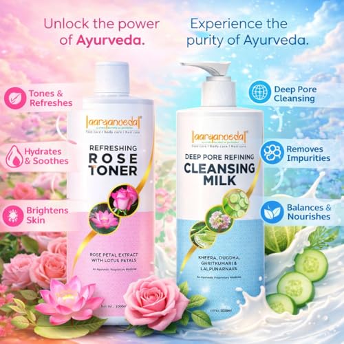 Image of Aaryanveda Cleansing Milk & Rose Toner Combo Improve Skin Tone Remove Dead Skin Cleanser & Rose Face Toner 1000ml Combo