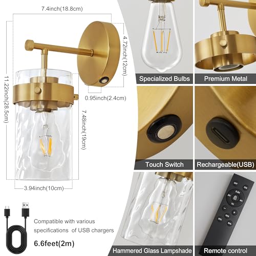 Image of Battery Operated Wall Sconces Set of 2 Gold Rechargeable Wall Light with Dimmable Bulbs and Remote Wireless Wall Lamps with Hammered Glass Lampshade for Bedroom Living Room Hallway(2 Pack)