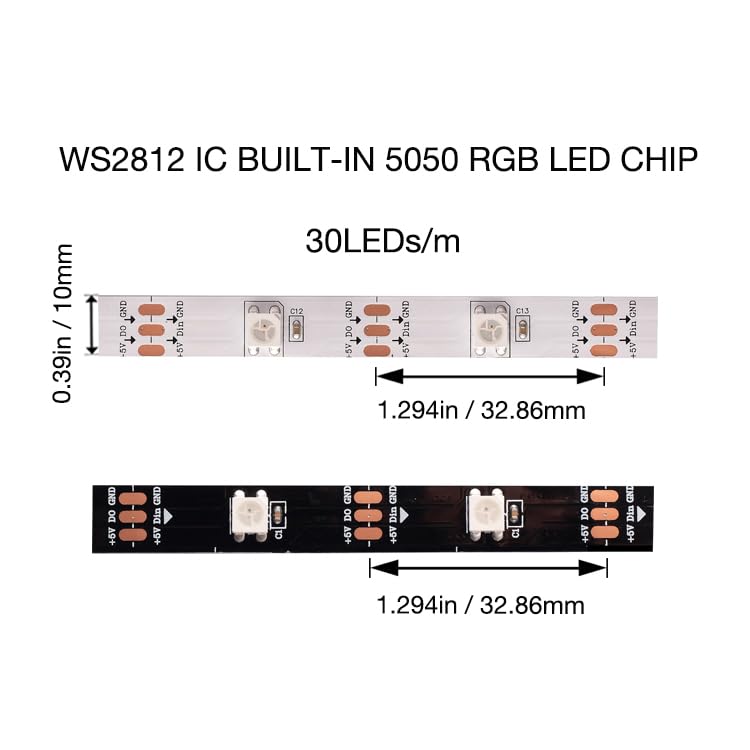 Image of WS2812B RGB LED Strip, Individually Addressable LED Strip, Chasing Effects Dream Color 5050SMD 16.4FT 150 LED Pixel Strip Rope Light DC 5V (White PCB 5M 30Pixels /M Waterproof IP65)