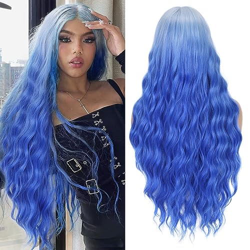 FAVE Ombre Blue Wavy Wigs 28Inch Long Blue Wig Middle Part Natural Curly Wigs for White Women Light Roots Synthetic Wigs Daily Party Cosplay Wigs for