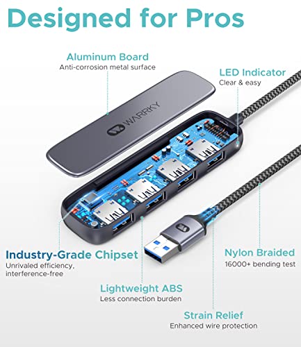USB-Splitter-30-WARRKY-4-Port-USB-Hub-for-Laptop-3FT-Braided-Cable-Ultra-Slim-Super-Speed-Multi-USB-Port-Compatible-with-PC-Surface-Pro-MacBook-Flash-Drive-Playstation-Xbox