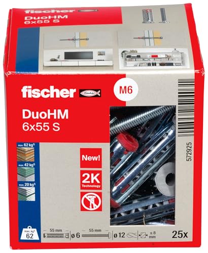 fischer Hohlraumdübel DuoHM 6 x 55 S TX, Plattendübel mit metrischer Panheadschraube und TX-Antrieb zum Befestigen von TV-Halterungen… – Ansicht 2