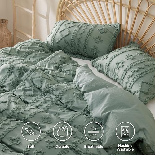 Image of Bedsure Boho Duvet Cover Queen Size, Soft & Comfortable Elegant Design Boho Bedding for Decoration, Machine Washable Comforter Cover for All Seasons,Includes 1 Duvet Cover & 2 Pillow Shams,Sage Green