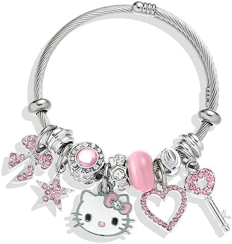 Kawaii Pink Bangle Bracelets with Jewelry Box, Adjustable Stainless Steel Bangle Bracelets Anime Cartoon Bracelet Gifts for Women Girls