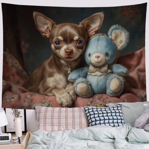 SMBHIAON Tapiz De Pintura Óleo Antigua Marrón Oscuro, 150L X 100An Cm Tapiz De Pared, Tapices Decorativo Pared De Tela Cepillada, Chihuahua Marrón Tapices Para Sala De Estar, Colcha Habitación,