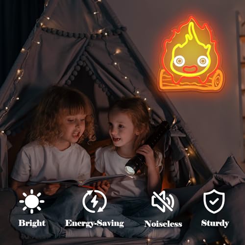 Image of Calcifer Neon Signs Anime Led Sign Flame Night Light Neon Lights for Bedroom Magic Fire Light Up Sign Gifts for Cartoon Castle Lovers Fans Teen Kids
