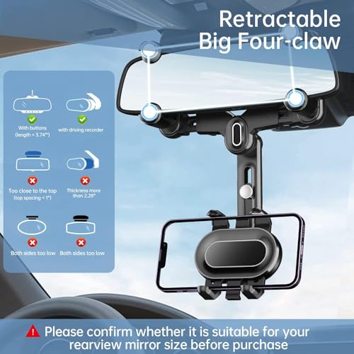Image of Universal Rearview Mirror Phone Holder for Car,360Rotatable and Multifunctional Rear View Mirror Phone Holder,Four Corners Fixed Anti-Shake Design,for All Mobile Phones in All Car