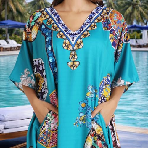 Image of Miss Lavish London Teal Kaftan Dresses for Women V Neck Batwing Sleeve Beach Vacation Bikini Swimsuit Cover Ups, Ethnic Print Plus Size African & Dubai Caftan Maxi Dress with Side-Teal-M