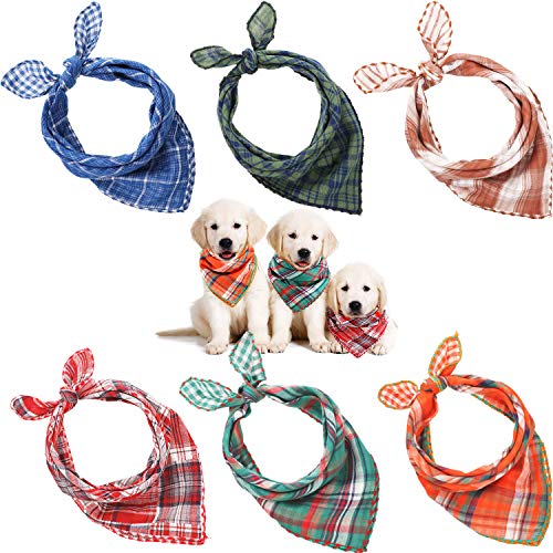 SATINIOR 6 Pieces Dog Bandana Dog Cat Scarf Washable Reversible Printed Bibs Cotton Dog Puppy Kerchief Set for Small Medium Large Size Cat Dog Pets (Plaid Style)