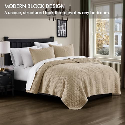 Image of palassio Dark Beige 100% Cotton Quilt King Size Bedding Sets with 2 Pillow Shams, Textured Lightweight Soft Bedspread Shabby Chic Coverlet, Quilted Comforter Bed Cover for All Season, 3 Pieces