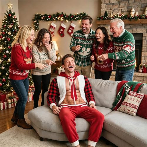 Men Ugly Christmas Hooded Onesie Fake Santa Muscle Print Full Zip Jumpsuit - image 2