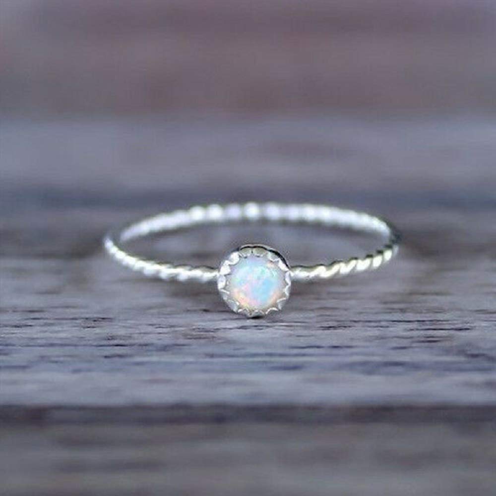 Wenbin 925 Sterling Silver Ring Europe and America Inlaid Opel Ring White fire Opal to Create Opal hammering Wave Solitaire Wedding Engagement Commitment Ring Female Size6-10 (US Code 6)