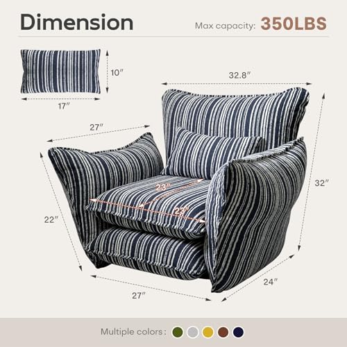 Image of Chenille Accent Chair with Lumbar Pillow, Blue Stripe, Wide Armrests, Deep Seat, 7 Inch High-Density Foam, 350 lbs Capacity