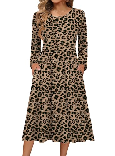 Zeagoo Fall Dress Long Sleeve Midi Dresses Casual Crewneck Pleated A Line Flowy Party Dresses Leopard Print L