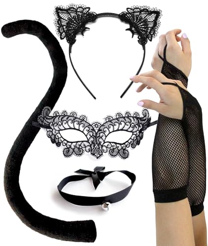 Black Cat Costume for Women, Halloween Masquerade Mask, Lace Ears, Gloves, Tail, Choker Necklace