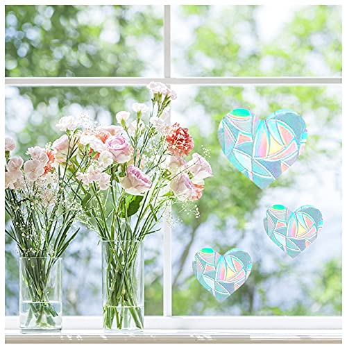 Image of GORGECRAFT 2 Sizes Large Heart Rainbow Window Clings Glass Decals 3D Sun Catcher Stickers Vinyl Film Static Anti-Collision Alert Decal Prevent Birds Strikes for Valentine's Day(4 Inch /6 Inch)