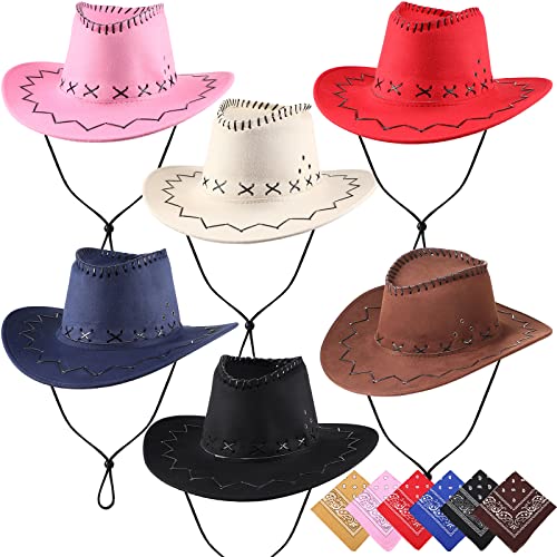 Zhanmai 12 Pieces Cowboy Hats and Bandanas Bulk Western Cowboy Cowgirl Hats Costume Party Favors(Multicoloured)