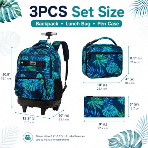 Image of 3Pcs Rolling Backpack for Men, 19 Inche Adult Bag with Roller Wheels, Wheeled Bookbag Set for Boys - Green
