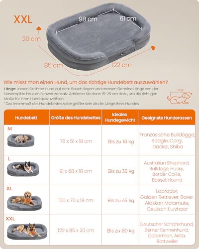 Feandrea Hundebett, Hundekissen, für extra große Hunde, 122 x 85 x 20 cm, orthopädisch, wasserdichte Innenschicht, erhöhte Ränder, Abnehmbarer, waschbarer Bezug, rutschfest, hellgrau PGW284G01