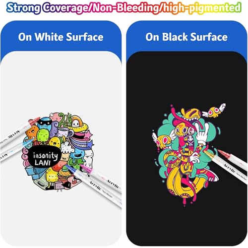 Image of 48 Colors Dual Tip Acrylic Paint Markers Set with Carrying Case For Painting Sketching Calligraphy Drawing, Permanent Colouring Marker Pens For Rock, Canvas, Wood, Glass, Ceramic, Fabric (48)