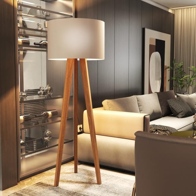 Luminária De Chão Bivolt Abajur Tripé Cúpula Sala Off White/Nature