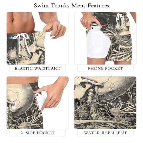 Mens Swim Trunks with Liner, Skeleton Black White Cool Quick Dry Beach Swim Shorts, Swimwear Bathing Suits S3