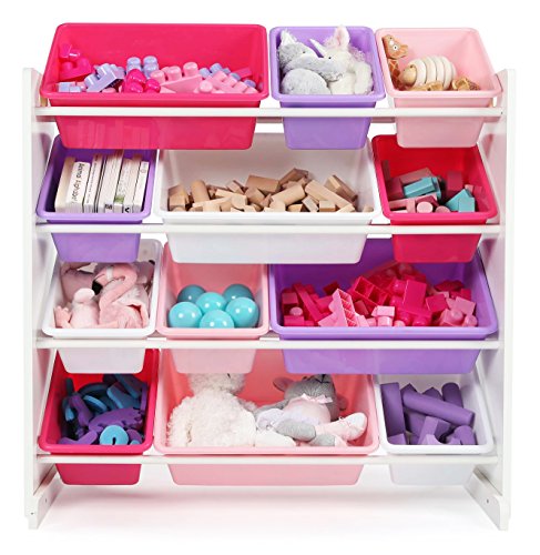 Image of Humble Crew Toy Storage Organizer with 12 Removable Storage Bins for Kids Playroom, 4-Tier Toddler Toy Organization, White /Purple /Pink