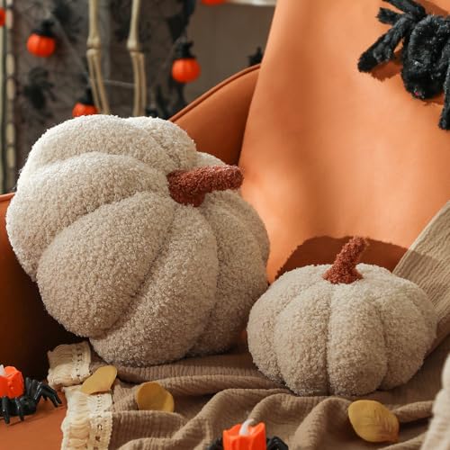 YRXRUS Pumpkin Pillows, Halloween Pumpkin Pillow Set of 2, Off White Throw Pillows Fall Room Decoration, Teddy Fleece 6x12&4x7 Inches Accent Cushion Gifts for Holiday