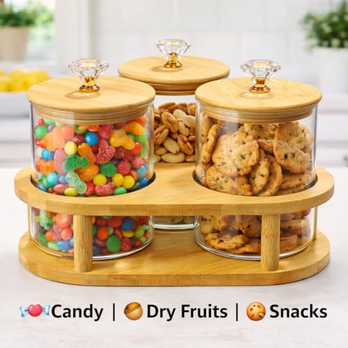 Image of 850ml Glass Storage Jar Set of 3 with Bamboo Stand & Wooden Lids | Airtight Kitchen Containers for Cookies, Dry Fruits, Snacks, Tea, Coffee | Countertop Organizer