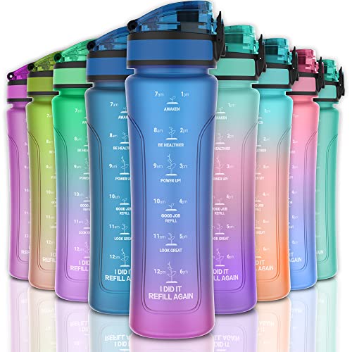 Kitart Kids Water Bottle for School 15oz Upgraded Thickened BPA-Free Tritan Plastic Bottles with Times to Drink, No-Spill Lightweight Kids Cups with One-Click Open Lid&Strainer (Blue-Purple)