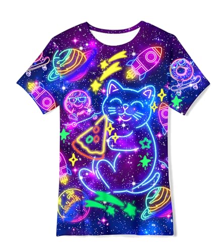 Boys Neon Cat T-Shirt Size 10-12 Big Kids Rainbow Shirts Unisex Novelty Graphic Tops Tees Crew Neck Short Sleeve 9-12Y