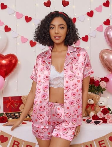 Image of Ekouaer Womens Satin Silk Pajamas Set Short Sleeve Sleepwear Button Down Top and Shorts Loungewear 2 Piece Pjs Set S-XXL Heart-Shaped Cake Medium