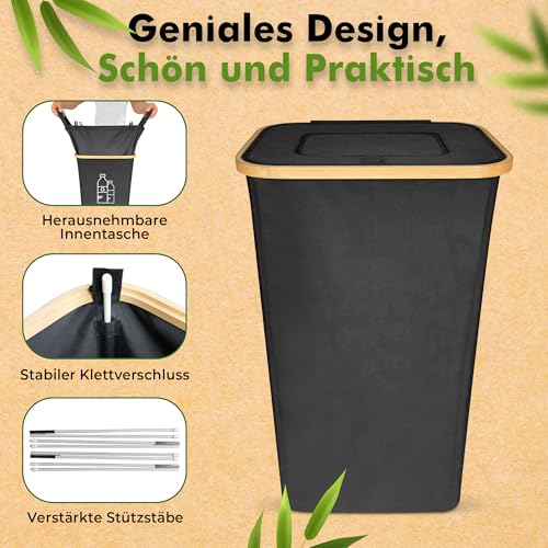 Bohoff - Pfandflaschen Sammelbehälter - Pfandbehälter mit selbstschließendem Flipdeckel und praktischer Innentasche (Schwarz)