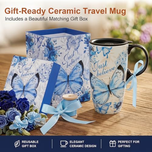 Taza de Cerámica de 17 oz con Tapa y Asa, Diseño Mariposa miniatura 5