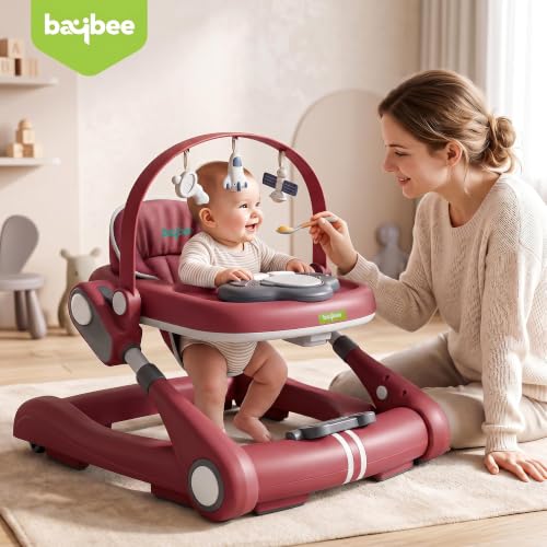 Image of Baybee Walker for Kids for 6 to 18 Months with Push Mode, Kick Play Music, Height Adjustable, Foldable Design, Musical Toy Panel and Food Tray, Walking Supporter for Baby (Red)